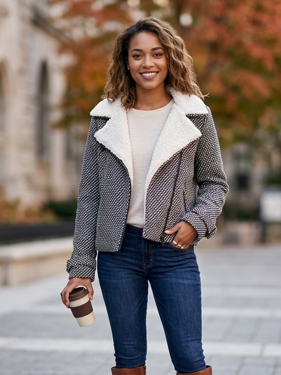 Forever 21 Jackets & Blazers - Forever 21 Sherpa Lined Houndstooth Patterned Wool Blend Zip Up Jacket Coat Lg